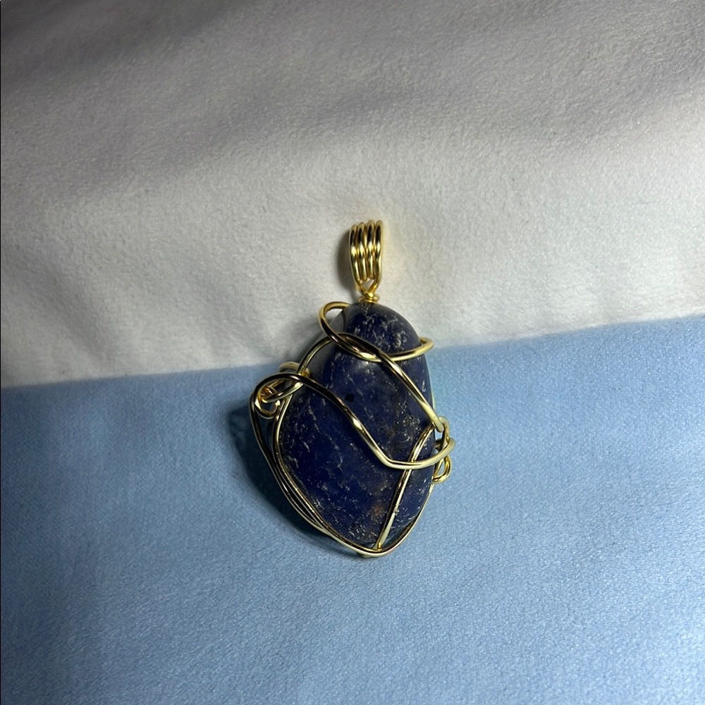 Elegant Blue Stone Pendant with Gold Wire Wrap
